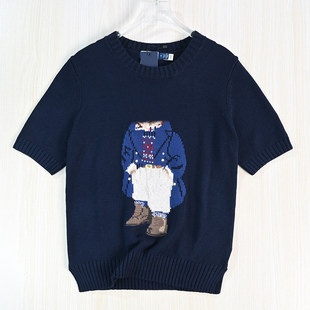 美国单卡通熊粗针棉线混纺圆领休闲短袖 毛衣 2512 思琪女装