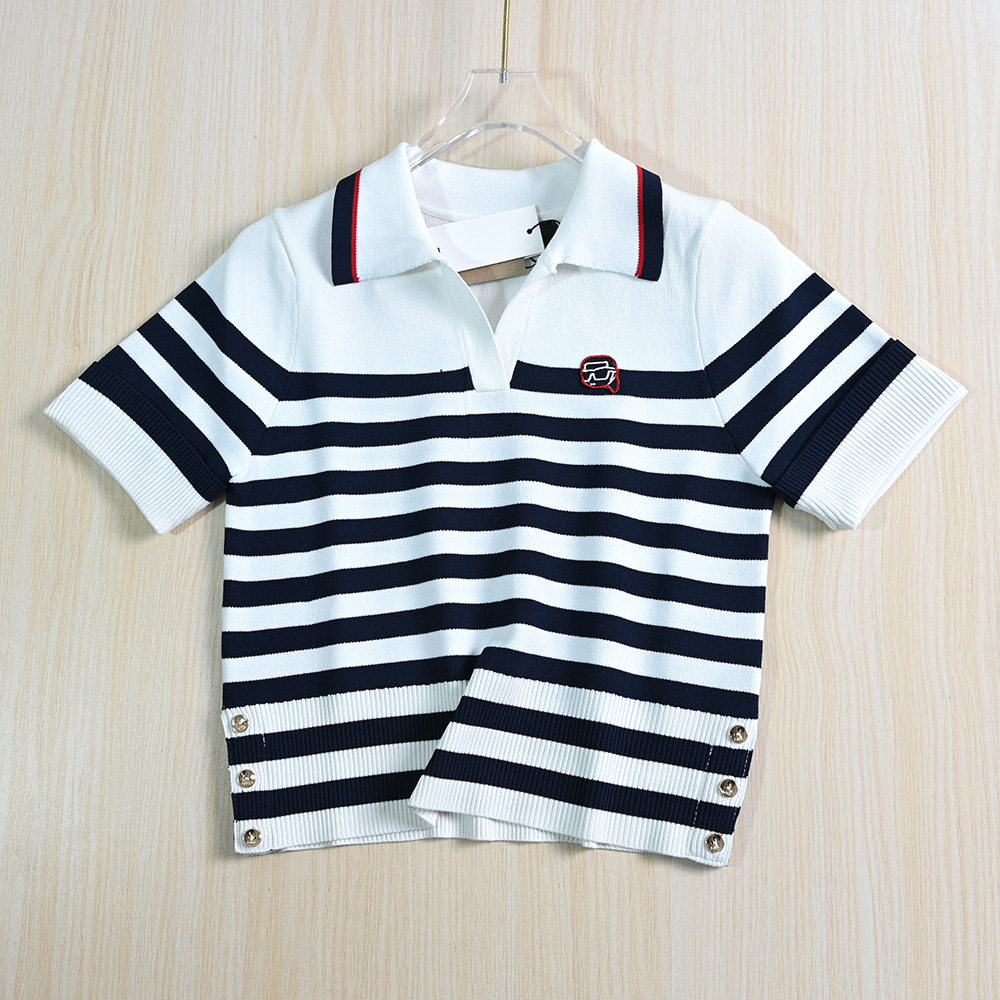 思琪女装  253/27美系K尔小香风气质条纹V翻领短款翻边短袖针织衫