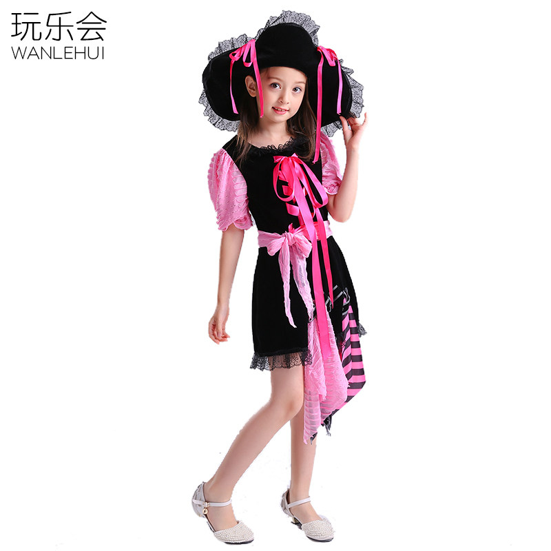万圣节儿童海盗服装女童粉红礼服化妆舞会表演加勒比海盗演出衣服