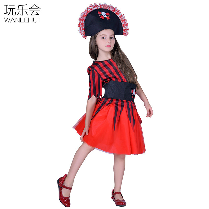 万圣节儿童海盗服装女童小海盗礼服化妆舞会表演骷髅腰带演出衣服