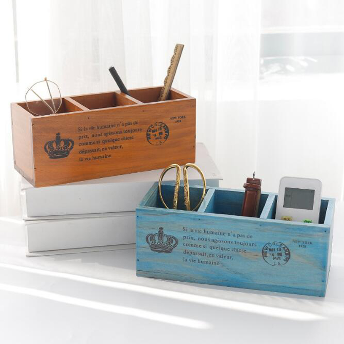 少女心杂货店书桌格子收纳盒摆件实木ins学生笔筒杂物文具储物盒