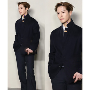 王嘉尔高级痞帅老钱风休闲羊毛翻领双面毛呢中长款西装大衣外套男