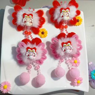 蛇年春节中国红水貂毛可爱新年头饰宝宝喜庆流苏儿童蝴蝶结发夹女