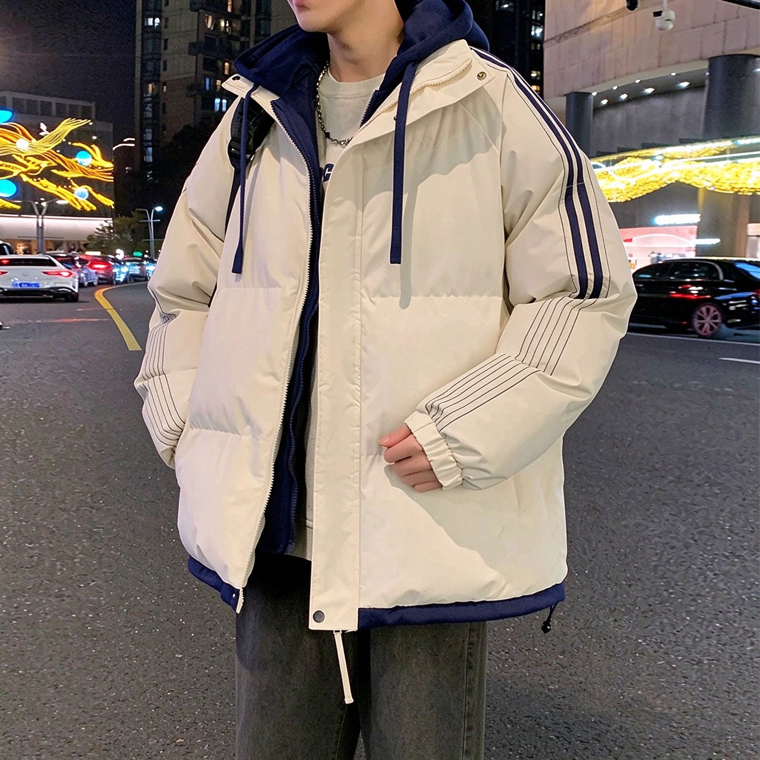 假两件连帽羽绒棉服2026新款男士