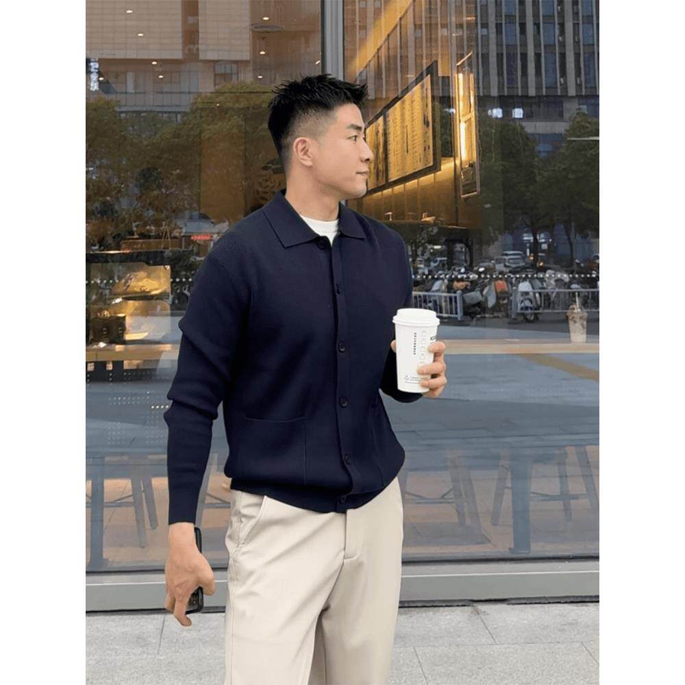 藏蓝色翻领针织开衫上衣男士秋季轻熟风高级感慵懒风休闲毛衣外套