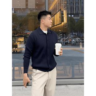 藏蓝色翻领针织开衫上衣男士秋季轻熟风高级感慵懒风休闲毛衣外套