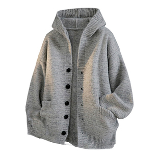 2026新款毛衣男女款春秋季美式藏青色连帽针织衫开衫衣服休闲上衣