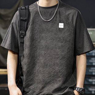 美式复古凉感速干短袖T恤男2025夏季新款泡泡纱冰丝男士半袖男款t