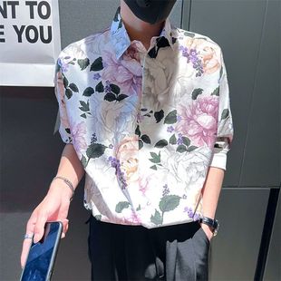 t恤高级感时尚 痞帅衬衣薄款 七分袖 polo衫 男生短袖 复古花衬衫 夏季