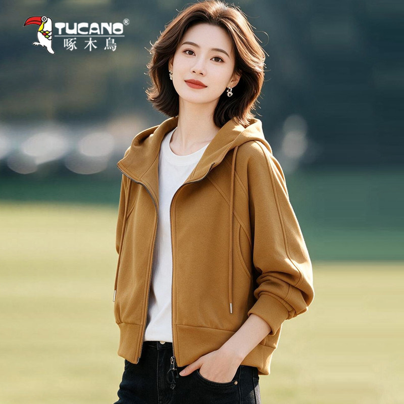 啄木鸟女连帽拉链短款卫衣春秋