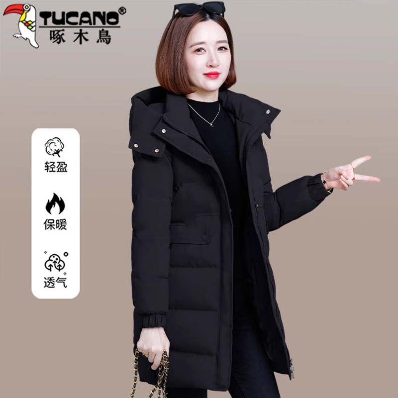 啄木鸟中长款羽绒棉服女2024年新款冬季女士大码棉衣棉袄外套