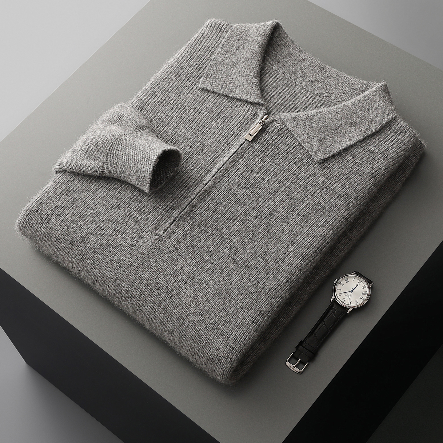 秋冬新款男士加厚100%纯羊毛针织毛衣翻领外套POLO领拉链羊绒开衫