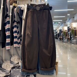 加绒加厚美式弯刀牛仔裤女秋季胖梨形显瘦镰刀裤宽松时尚阔腿裤子