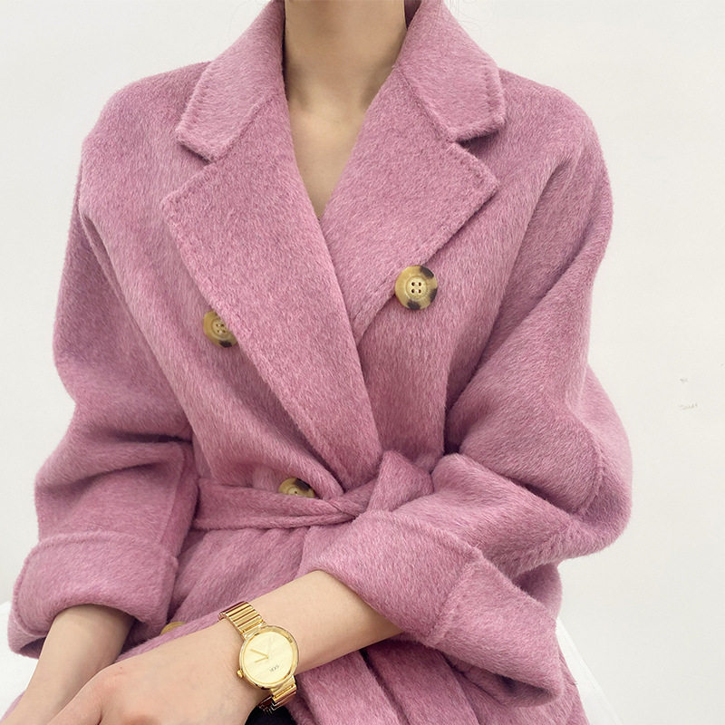 新款高级手工苏丽绒双面羊绒大衣女时尚西装领羊驼绒修身毛呢外套