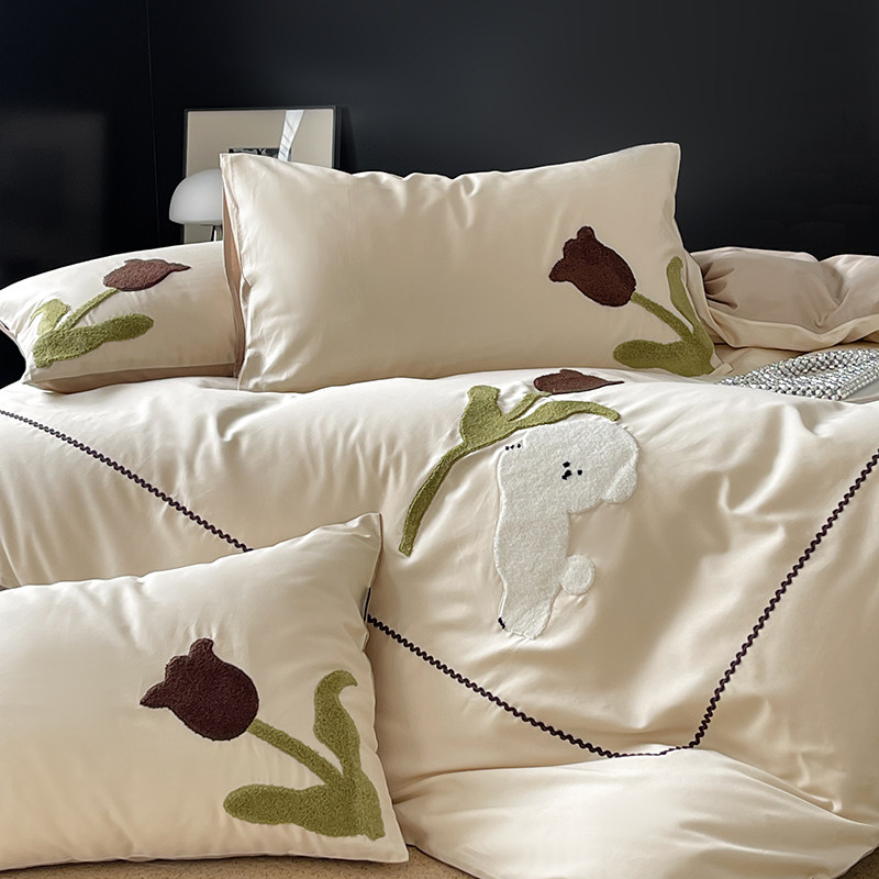 绒绒狗春夏新品100s全棉四件套纯棉进口毛巾绣被套被罩床单四季款