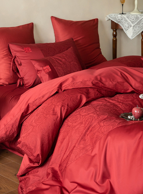 囍字红色结婚庆全棉长绒棉100S四件套贡缎提花喜庆纯棉床单床笠款