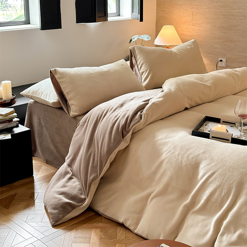 撞色冬季加厚四件套牛奶绒简约