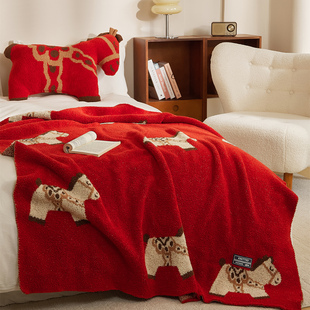 马到功成~过年喜庆红色半边绒毛毯本命年保暖沙发盖毯办公室毯子