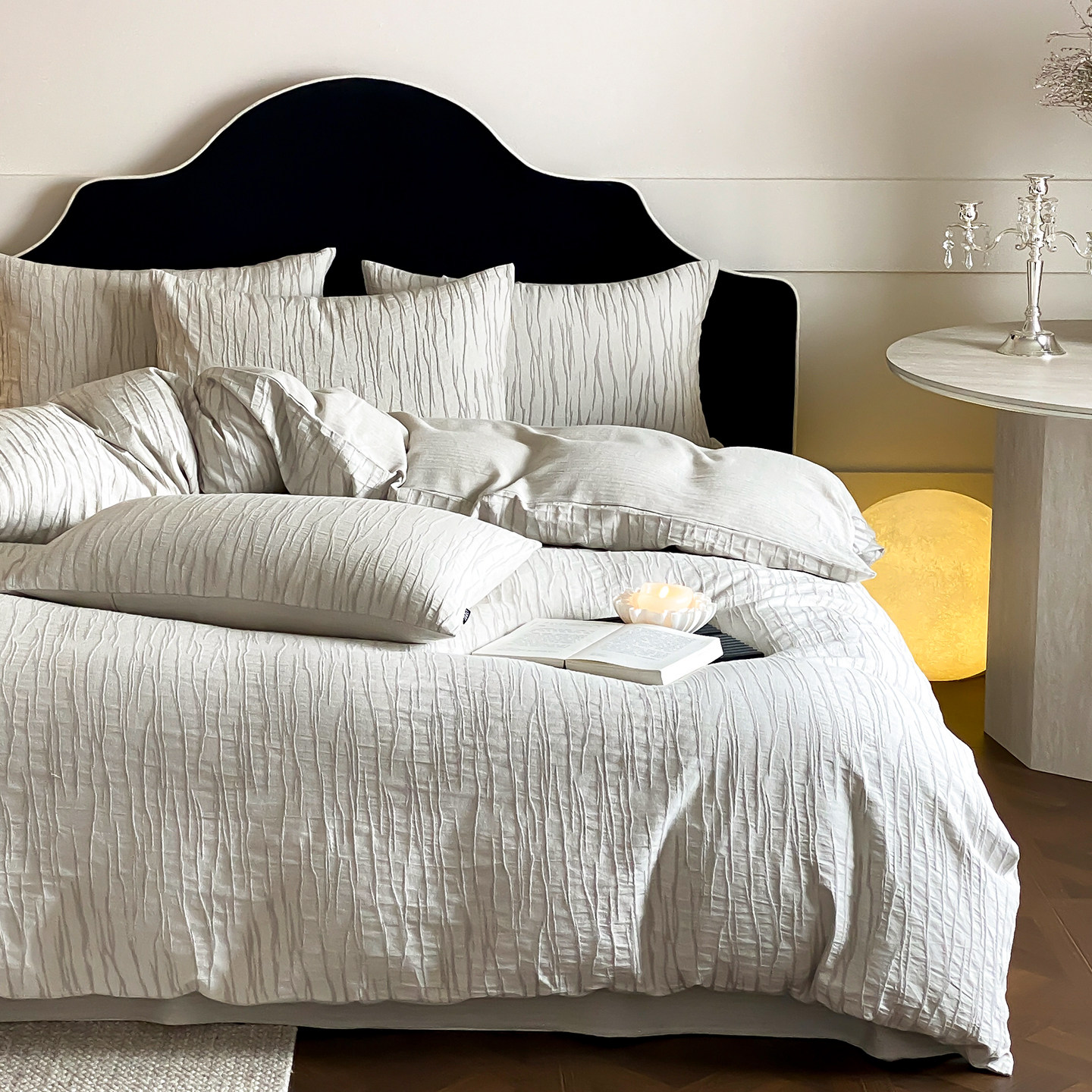 灰屿侘寂~简约A类色织棉麻四件套条纹提花被套床笠高级感床单床品,床上用品,床品套件/四件套/多件套,淘宝优惠券,粉丝福利购,淘宝优惠卷