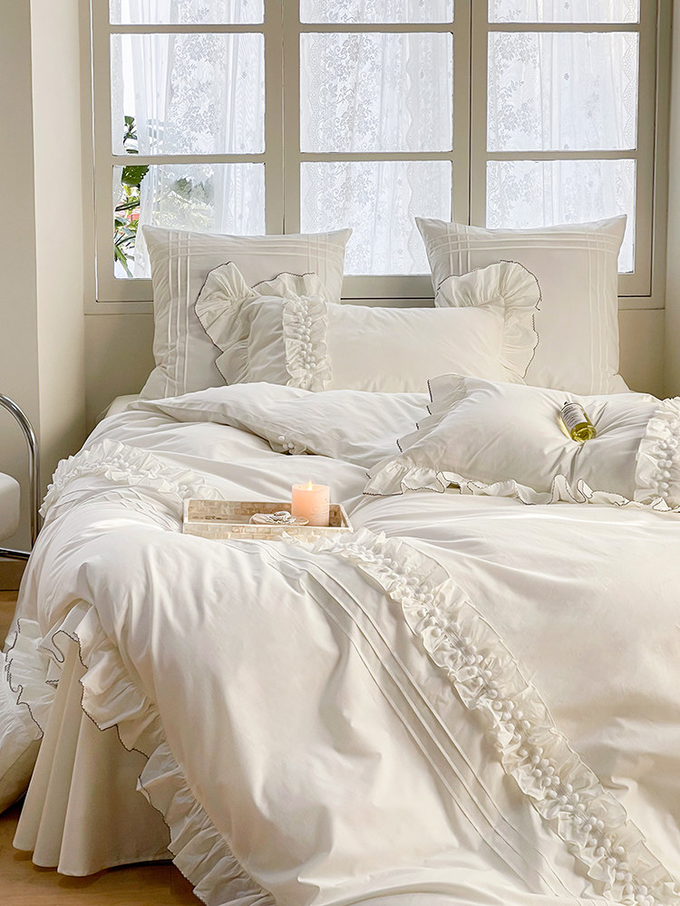 公主风60支全棉水洗棉四件套高颜值球球花边纯棉白色被套床单床笠