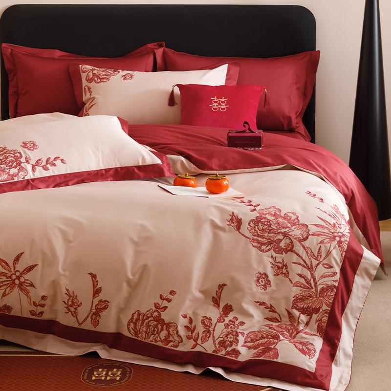 高级轻奢100S全棉婚庆刺绣四件套