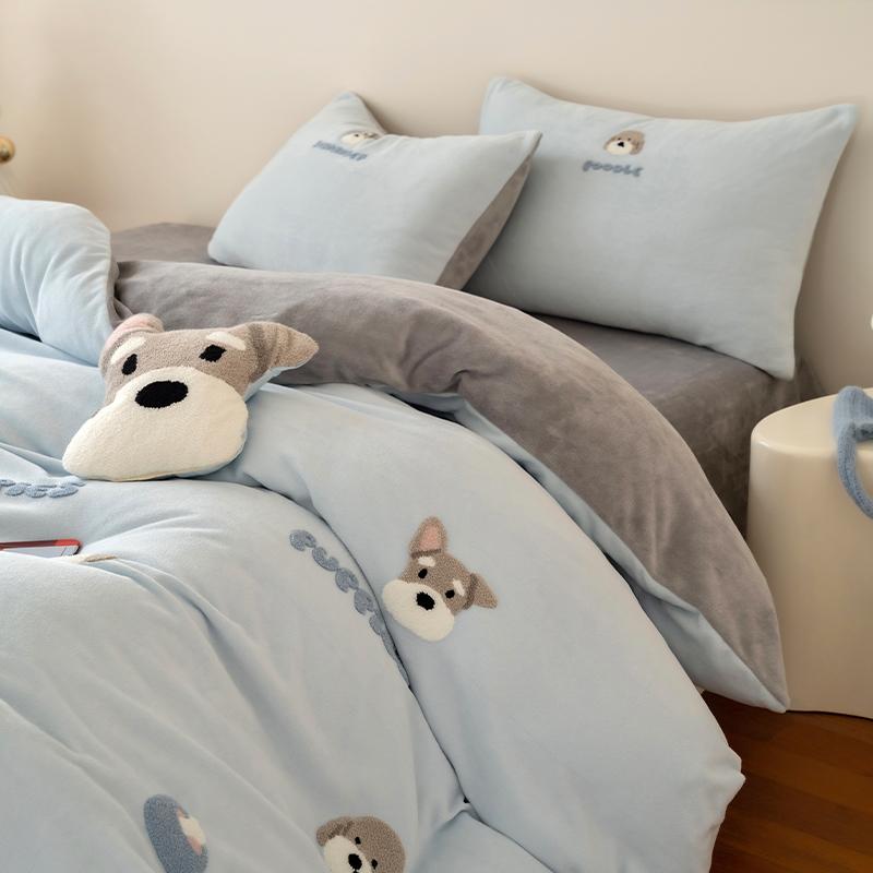 ins风卡通毛巾绣牛奶绒四件套