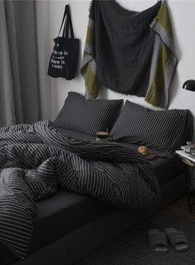 黑色床品纯棉天竺棉床笠被套四件套全棉男床单被罩秋冬床上三件套