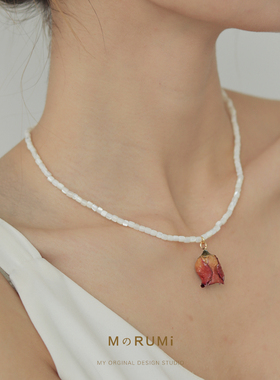 天然优雅玫瑰花贝母项链