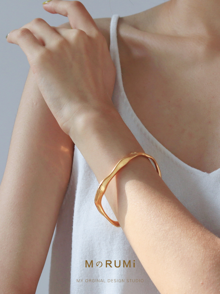 自然鎏金设计 新款流动18K包金手镯轻奢小众原创极简约气质款包邮