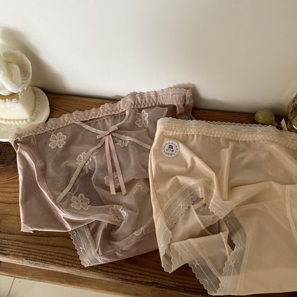 轻奢性感蕾丝绸缎面7A抑菌纯棉加长裆部内裤女大码高腰包臀三角裤