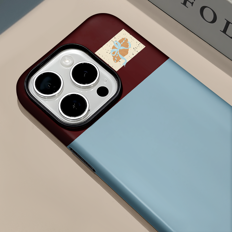 蓝棕色拼接牛角包适用苹果17pro手机壳16pm菲林二合一华为mate70小众oppo新款卡通小米15保护壳vivo荣耀200