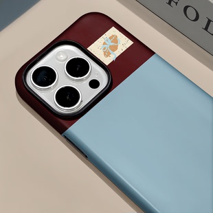 蓝棕色拼接牛角包适用苹果17pro手机壳16pm菲林二合一华为mate70小众oppo新款 卡通小米15保护壳vivo荣耀200