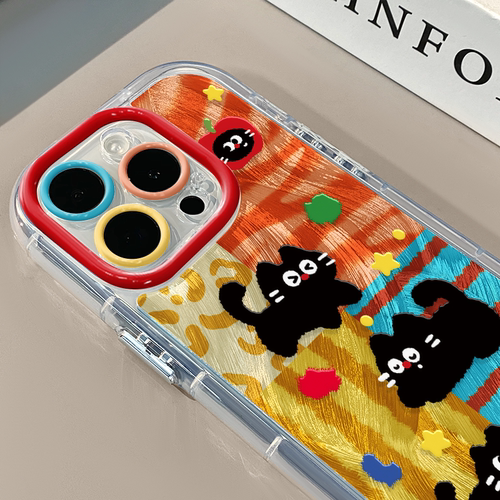 拼接撞色格黑猫适用苹果17promax奶油羽纱纹卡通手机壳iphone16pro可爱华为苹果13创意保护套防摔15ProMax