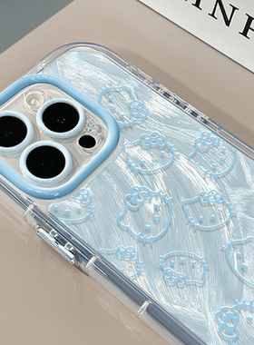 蓝色kitty线条适用苹果17奶油羽纱纹卡通手机壳iphone16可爱华为p创意可爱mate70保护套小众小米15新款