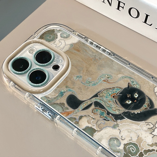 复古祥云猫咪适用于苹果17Pro镜面奶油壳iPhone16Promax手机壳华为p80可爱小米15防摔荣耀mate70小众红米