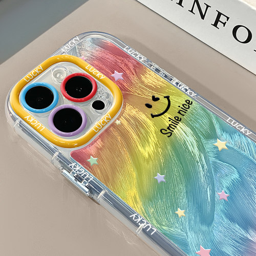 彩虹半透微笑适用苹果17奶油羽纱纹卡通手机壳iphone16可爱华为苹果13创意可爱保护套防摔15ProMax全包