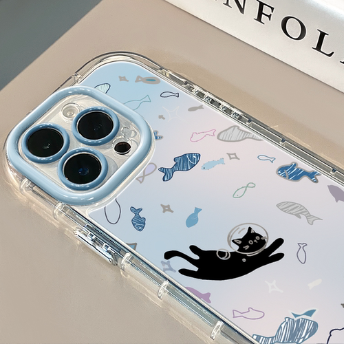 猫和鱼适用于苹果16promax镜面奶油壳iPhone15手机壳华为p可爱小米15防摔潮流保护套mate70小众