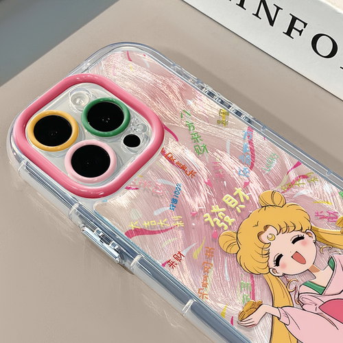 发财捧脸美少女适用苹果17pro奶油羽纱纹卡通手机壳iphone16pro可爱华为苹果13创意可爱保护套15ProMax