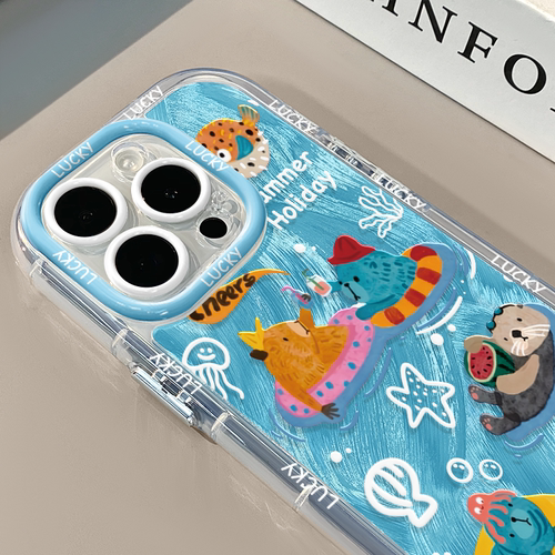 游泳的海豹适用苹果17奶油羽纱纹卡通手机壳iphone16promax可爱华为苹果13创意可爱保护套防摔15ProMax全包