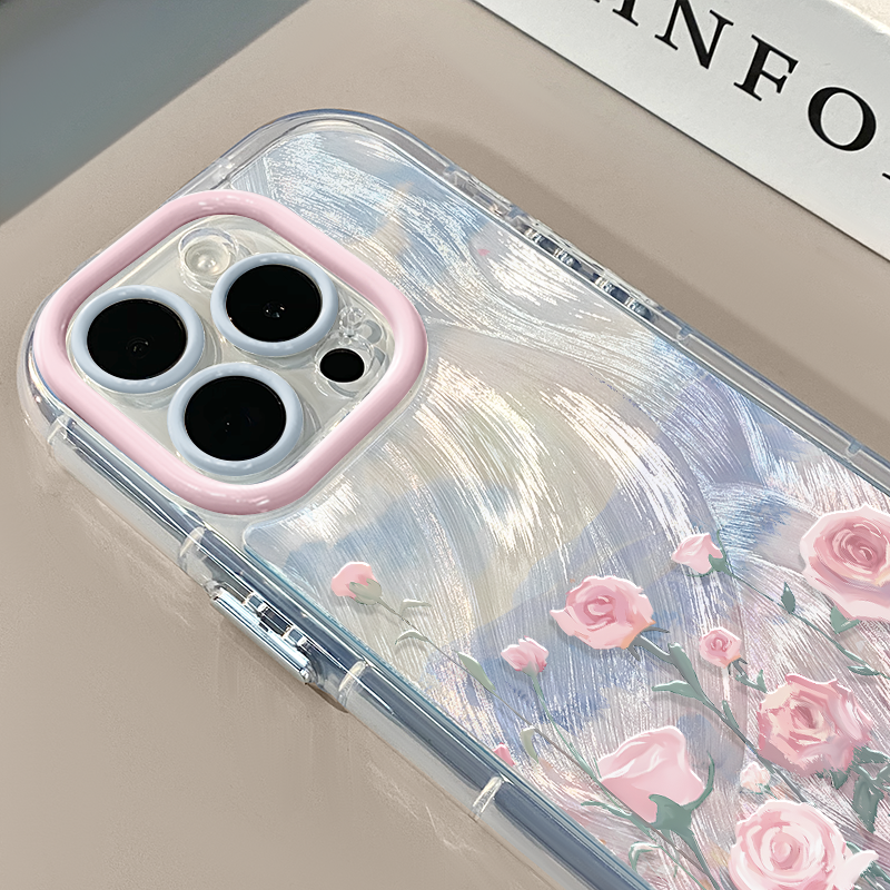 油画玫瑰花田适用苹果16奶油羽纱纹卡通手机壳iphone15可爱华为p创意可爱mate70保护套小众小米15新款