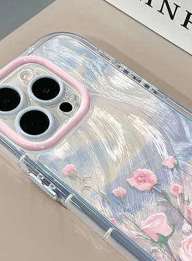 油画玫瑰花田适用苹果17奶油羽纱纹卡通手机壳iphone16可爱华为p创意可爱mate70保护套小众小米15新款