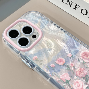 油画玫瑰花田适用苹果17奶油羽纱纹卡通手机壳iphone16可爱华为p创意可爱mate70保护套小众小米15新款