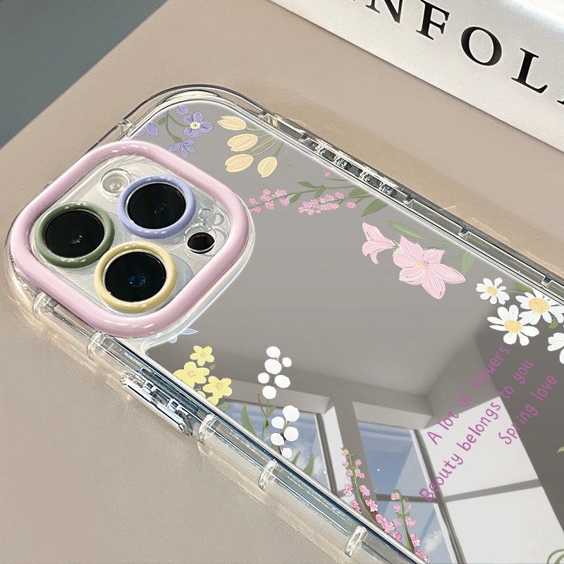 鲜花适用于苹果16pro镜面奶油壳iPhone15手机壳华为p80可爱小米15防摔荣耀保护套mate70小众红米