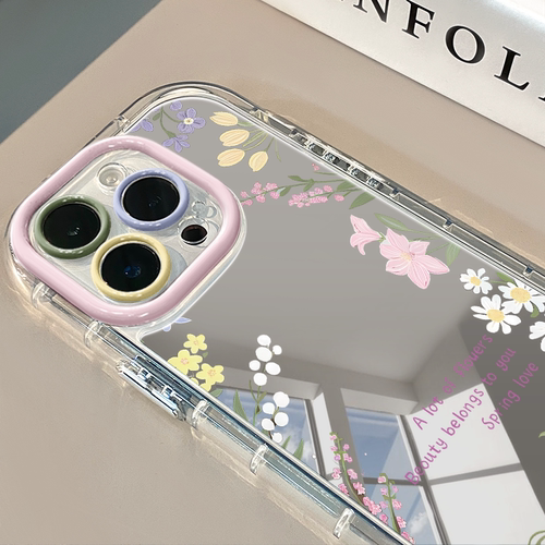 鲜花适用于苹果17pro镜面奶油壳iPhone16手机壳华为p80可爱小米17防摔荣耀保护套mate70小众红米