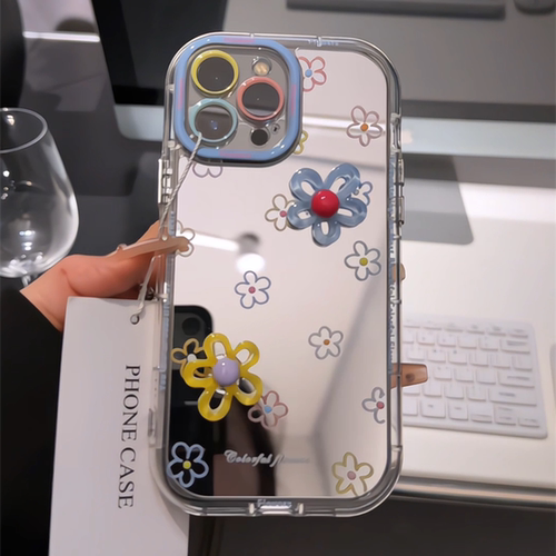 彩色线条花朵适用于苹果17promax镜面奶油壳iPhone16手机壳华为p可爱小米15防摔保护套mate70小众新款