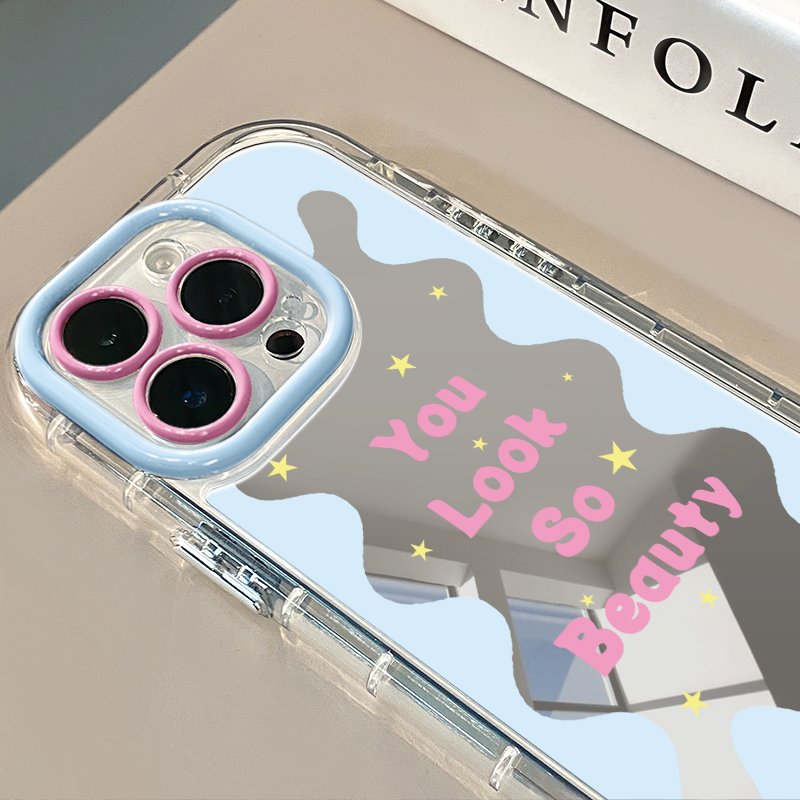 波浪闪星英文适用于苹果16promax镜面奶油壳iPhone15手机壳华为p可爱小米15防摔潮流保护套mate70小众