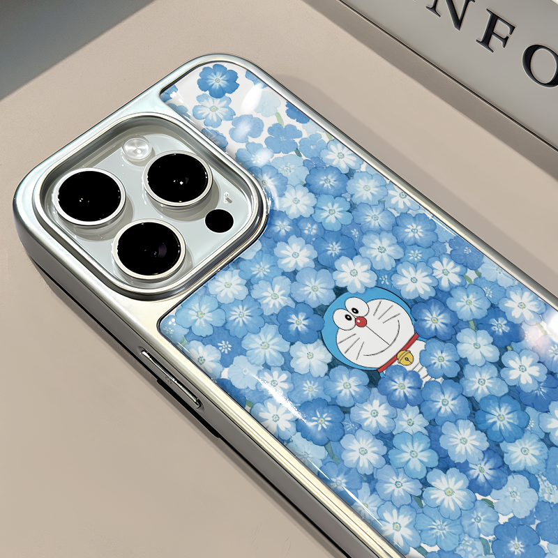 蓝色花海哆啦适用苹果16pro电镀大孔相框手机壳iphone15卡通可爱华为创意mate70保护套小众小米15新款
