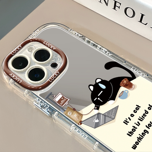 累趴的猫咪镜面适用于苹果17奶油壳华为oppo新iPhone16promax/14/12promax手机壳真我红米小米13pro/u