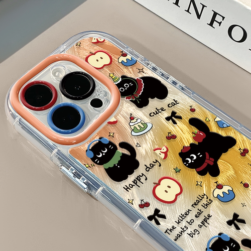 晕染底涂鸦小黑猫适用苹果17pro奶油羽纱纹卡通手机壳iphone16可爱华为p创意可爱mate70保护套小众小米15新款