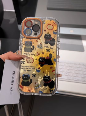 晕染底涂鸦小黑猫适用苹果17pro奶油羽纱纹卡通手机壳iphone16可爱华为p创意可爱mate70保护套小众小米15新款
